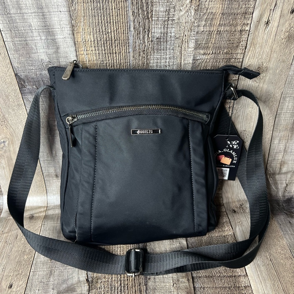 ROOTS 73 Black Adjustable Messenger Crossbody  Nylon Zip Top Pocket Shoulder Bag - Picture 4 of 12